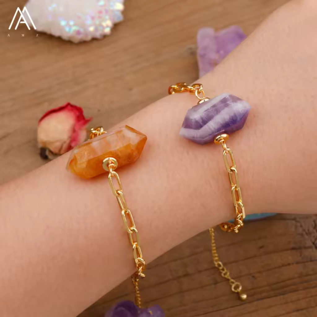 Double Point Stone Bead Gold Chain Bracelets